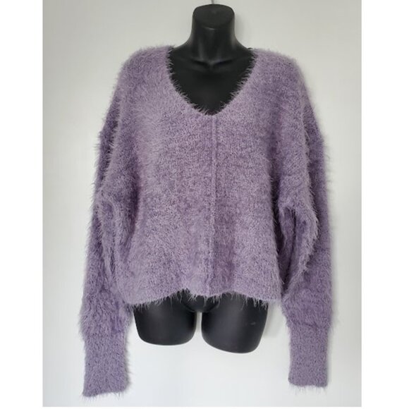 Free People Icing V-Neck Pullover Lavender Fuzzy Bouclé Knit Sweater Size S - Picture 2 of 11